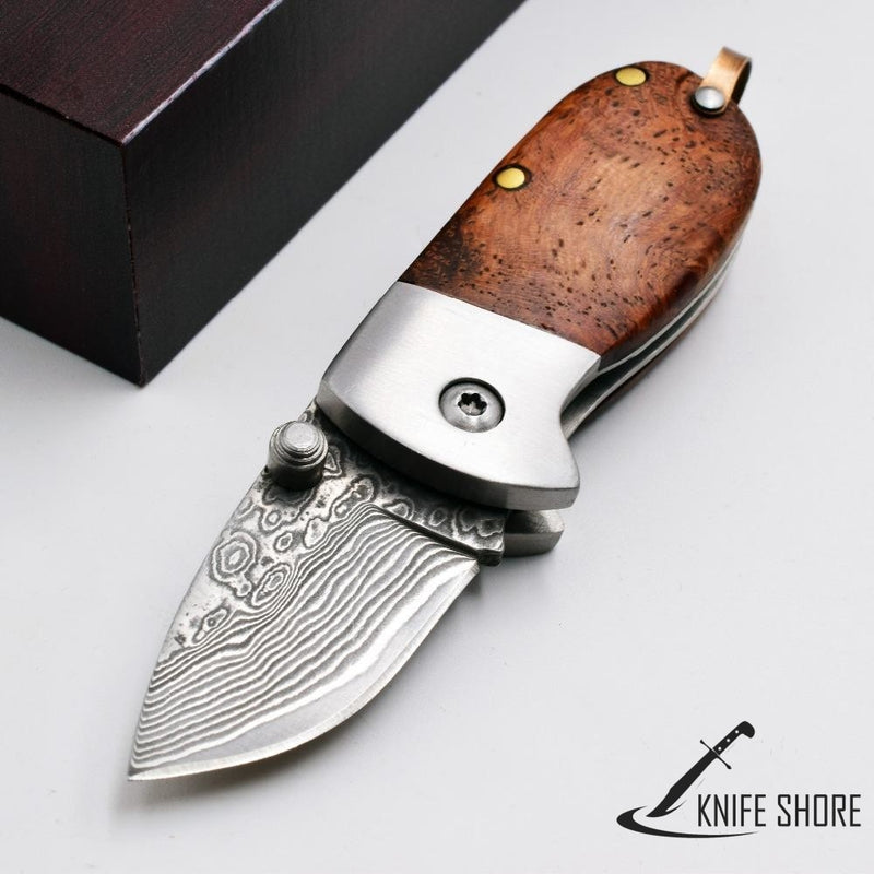 Damascus 440C Blade Wood Handle Outdoor Camping Survival Pocket Knives - knifeshore