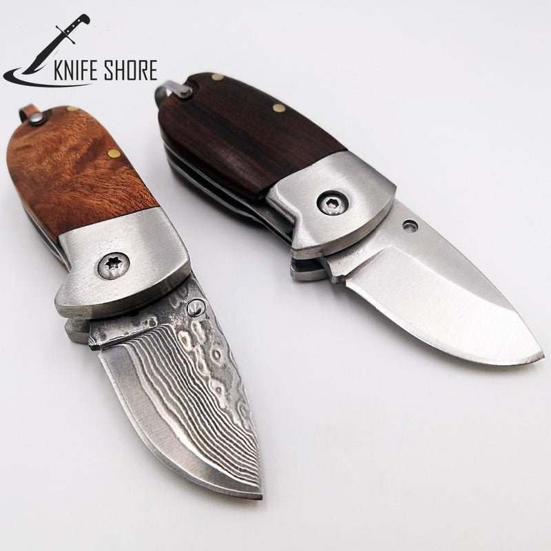 Damascus 440C Blade Wood Handle Outdoor Camping Survival Pocket Knives - knifeshore