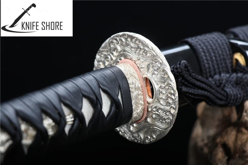 HANDMADE KATANA JAPANESE SILVER MILITARY GRADE T10 STEEL LEAF PATTERN CLAY REAL SAMURAI SWORD - knifeshore