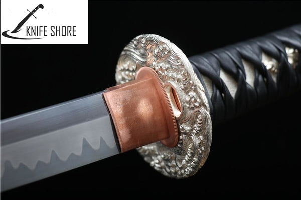 HANDMADE KATANA JAPANESE SILVER MILITARY GRADE T10 STEEL LEAF PATTERN CLAY REAL SAMURAI SWORD - knifeshore