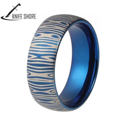 8MM DAMASCUS STEEL PATTERN LASER ENGRAVE TUNGSTEN CARBIDE BLUE RING FOR MEN & WOMEN - knifeshore