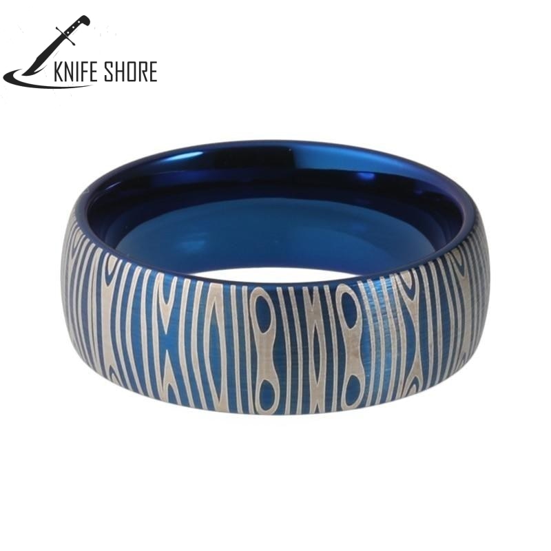 8MM DAMASCUS STEEL PATTERN LASER ENGRAVE TUNGSTEN CARBIDE BLUE RING FOR MEN & WOMEN - knifeshore