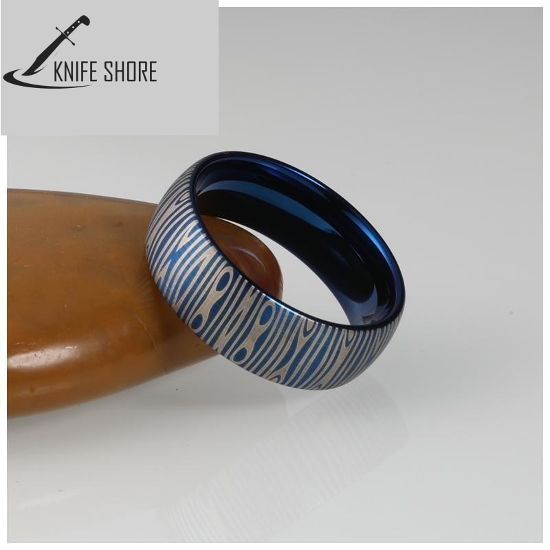 8MM DAMASCUS STEEL PATTERN LASER ENGRAVE TUNGSTEN CARBIDE BLUE RING FOR MEN & WOMEN - knifeshore