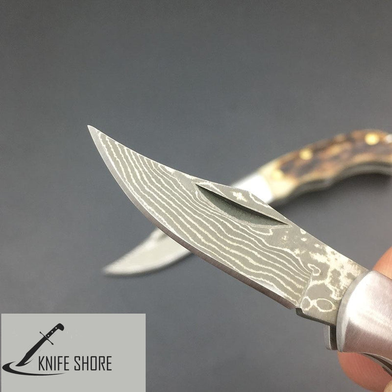 DAMASCUE STEEL PATTERN TACTICAL KNIFE WITH WOODEN/ANTLER HORN HANDLE - knifeshore