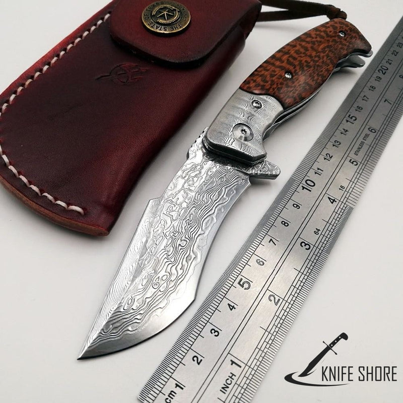 Damascus Blade Wood Handle Combat Pocket Knives - knifeshore