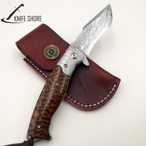 Damascus Blade Wood Handle Combat Pocket Knives - knifeshore