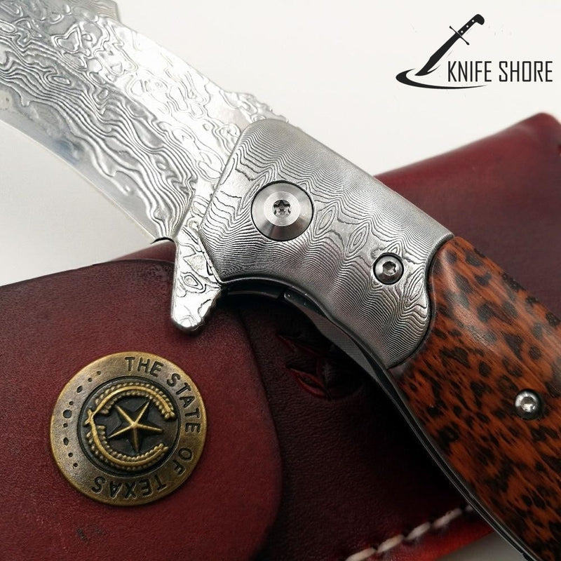 Damascus Blade Wood Handle Combat Pocket Knives - knifeshore