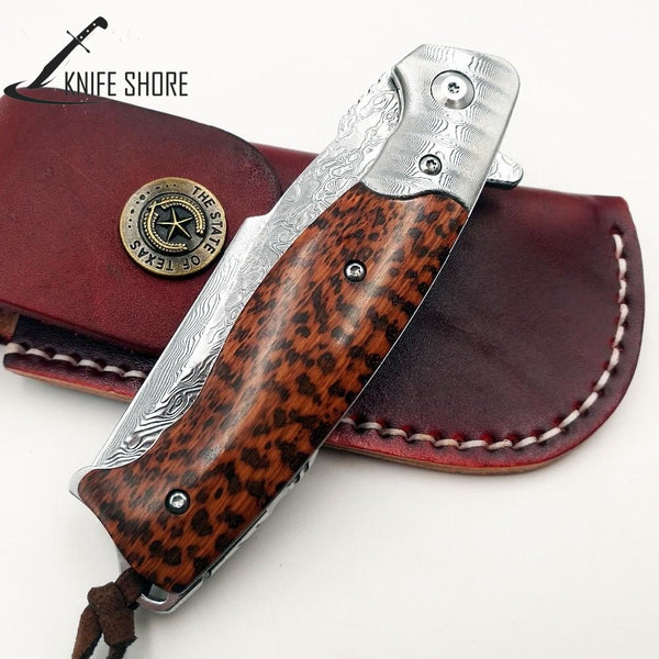 Damascus Blade Wood Handle Combat Pocket Knives - knifeshore