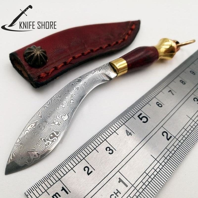 DAMASCUS BLADE WOOD HANDLE CAMPING MINI SURVIVAL KNIFE - knifeshore