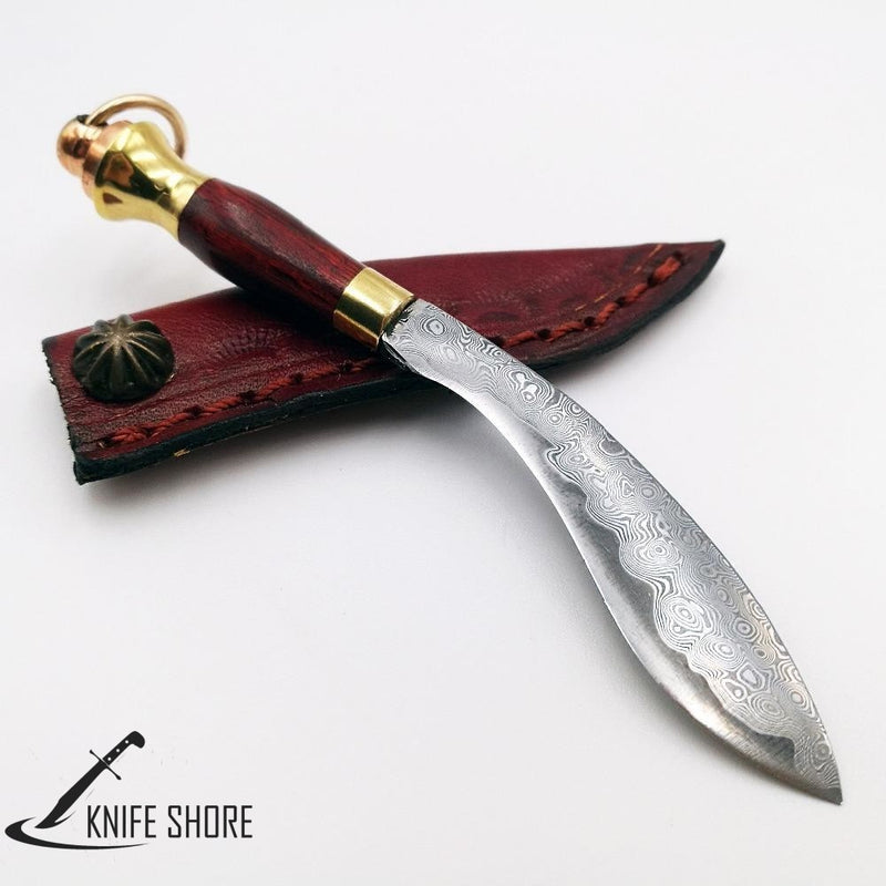 DAMASCUS BLADE WOOD HANDLE CAMPING MINI SURVIVAL KNIFE - knifeshore