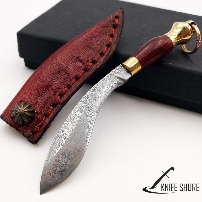 DAMASCUS BLADE WOOD HANDLE CAMPING MINI SURVIVAL KNIFE - knifeshore